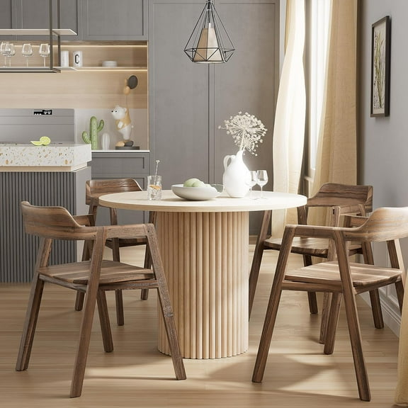PAKASEPT Round Dining Room Table, 39.5" Circular Tabletop, Modern Kitchen Table with Beech Wood Pedestal Base, Leisure Coffee Table for 4 People, for Kitchen Dining Room (39.5" x 39.5" x 29.9")