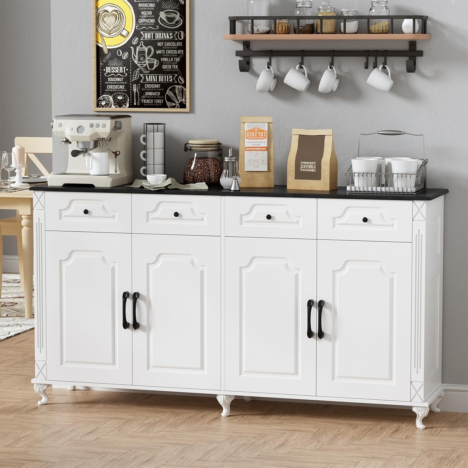 PAKASEPT Sideboard Buffet Cabinet with Drawers, Large Coffee Bar Tables with 4 Doors and 4 Drawers, Wood Kitchen Storage Cabinets with Storage Cabinets, Sideboard Credenza for Dining Room