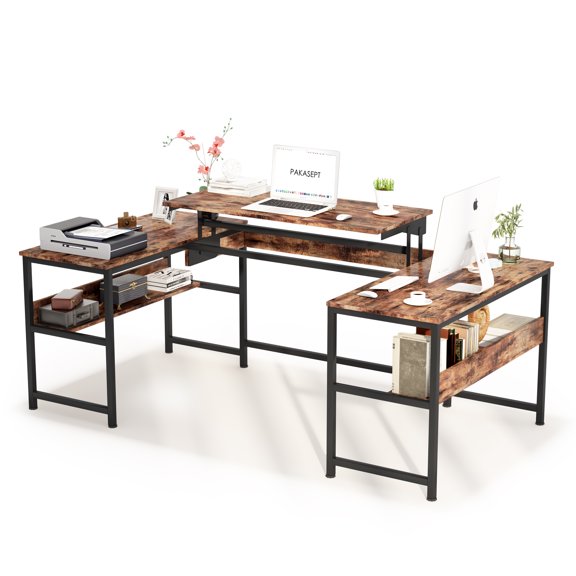 PAKASEPT U- Shaped Desk with Lift Top, Sit to Stand L Shaped Computer Desk, Height Adjustable Standing Desk with Storage Shelves and 3 Desktop for Home Office