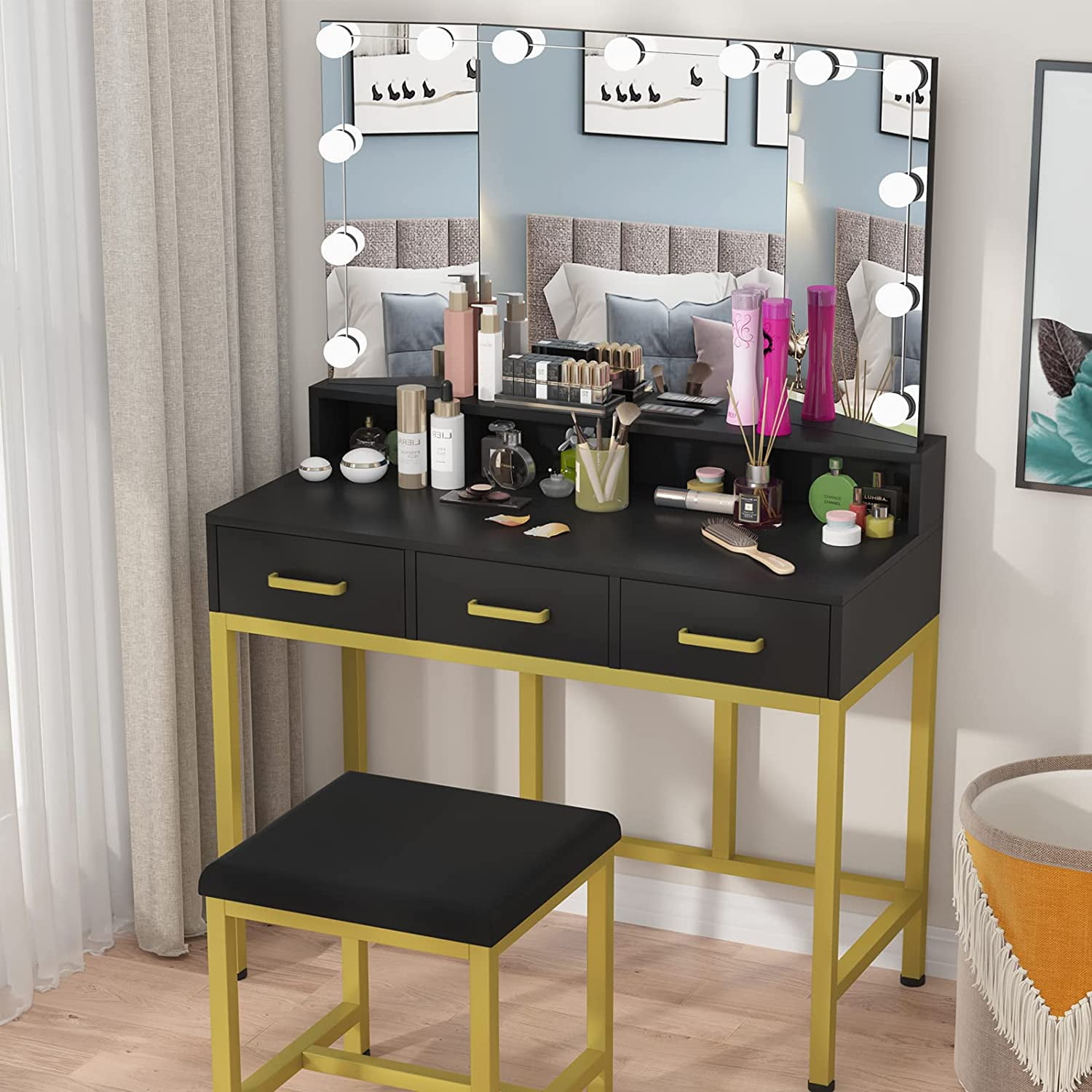 PAKASEPT Vanity Set with Lighted Mirror, Makeup Vanity with TriFold