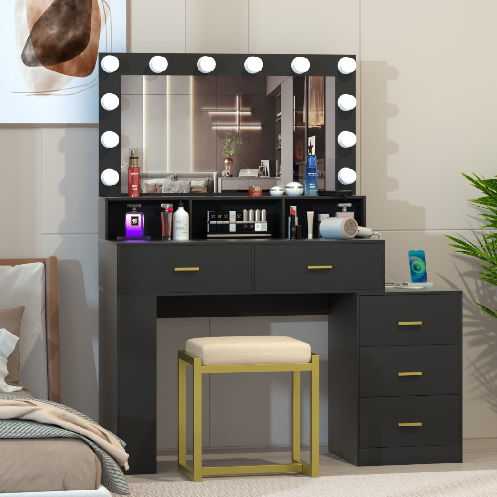 PAKASEPT Vanity Set with Lighted Mirror, Modern Makeup Vanity Dressing 