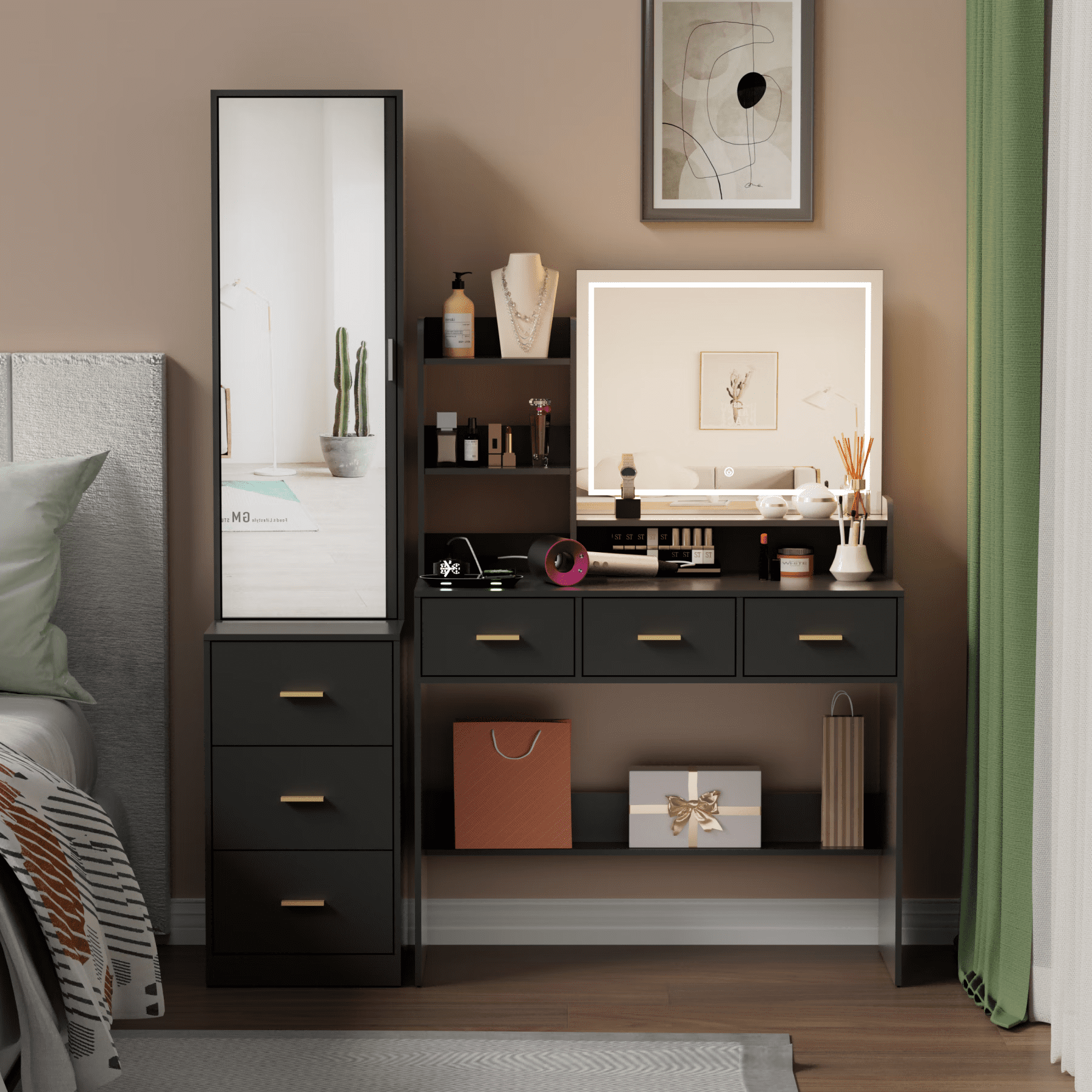 PAKASEPT Vanity Set with Lighted Full-Length Mirror, Black Large Vanity ...