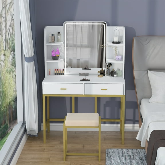 PAKASEPT Vanity Table Set  with Square/LED Lighted Mirror,Makeup Desk with Cushioned Stool, Storage Shelves, Drawers, Vanity Table for Bedroom, White