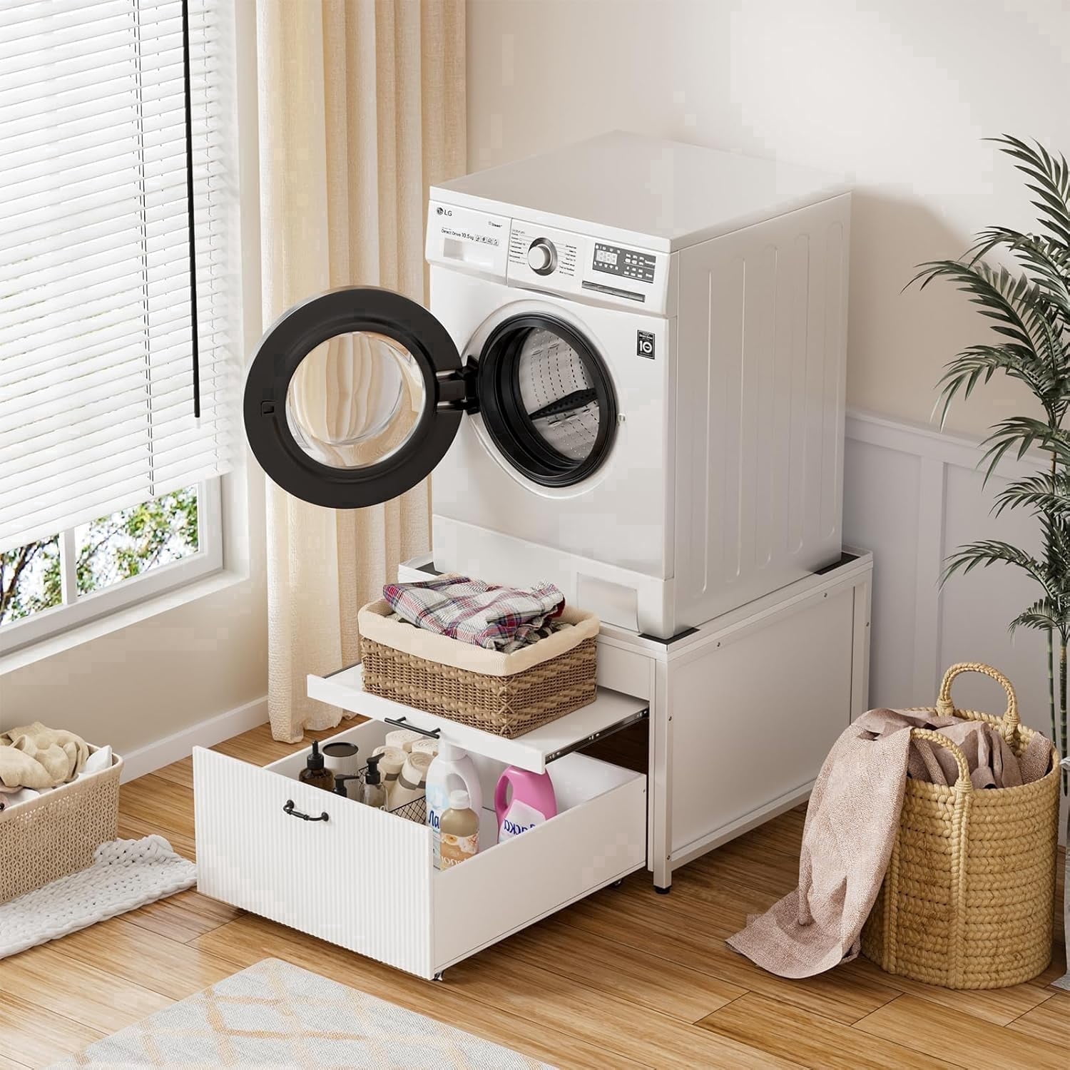 PAKASEPT Washer and Dryer Pedestals with Drawer, 29" Laundry Pedestal  for Washer and Dryer Stand, Heavy Duty Shock-Proof Washer Stand,with Pull-Out Shelf Hidden Storage Drainage,White