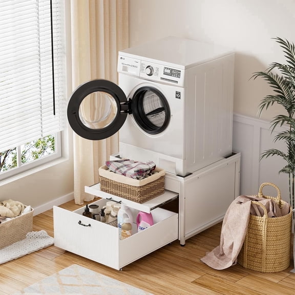 PAKASEPT Washer and Dryer Pedestals, 29" Laundry Pedestal for Washer and Dryer Stand, Heavy Duty Shock-Proof Washer Stand, Laundry Dryer Stand with Pull-Out Shelf Hidden Storage Drainage,White