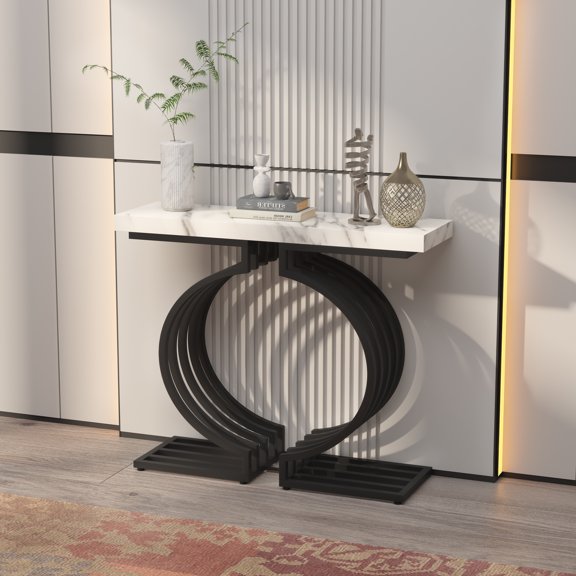 PAKASEPT White Marble Console Tables with Black Base, 40 inch Narrow Sofa Tables, Entryway Table Living Room, Accent Tables for Entryway