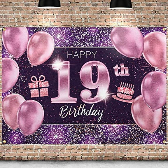 PAKBOOM Happy 19th Birthday Banner Backdrop - 19 Birthday Party Decorations Supplies for Women- Pink Purple Gold 4 x 6ft
