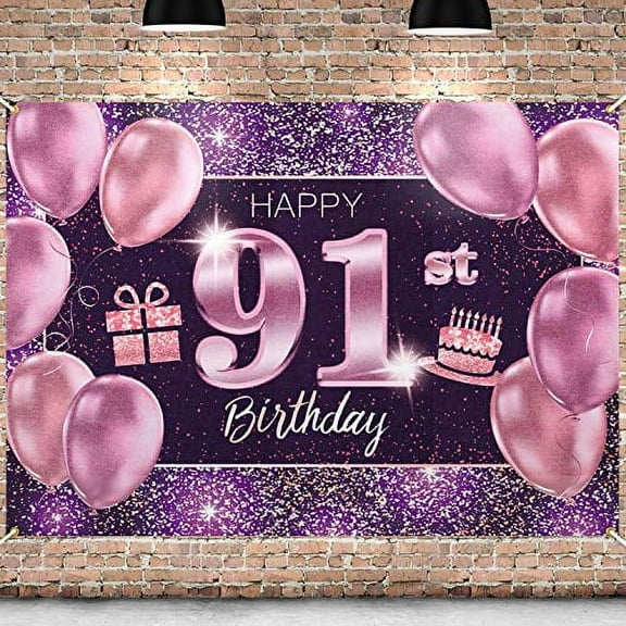 PAKBOOM Happy 91st Birthday Banner Backdrop - 91 Birthday Party Decorations Supplies for Women - Pink Purple Gold 4 x 6ft