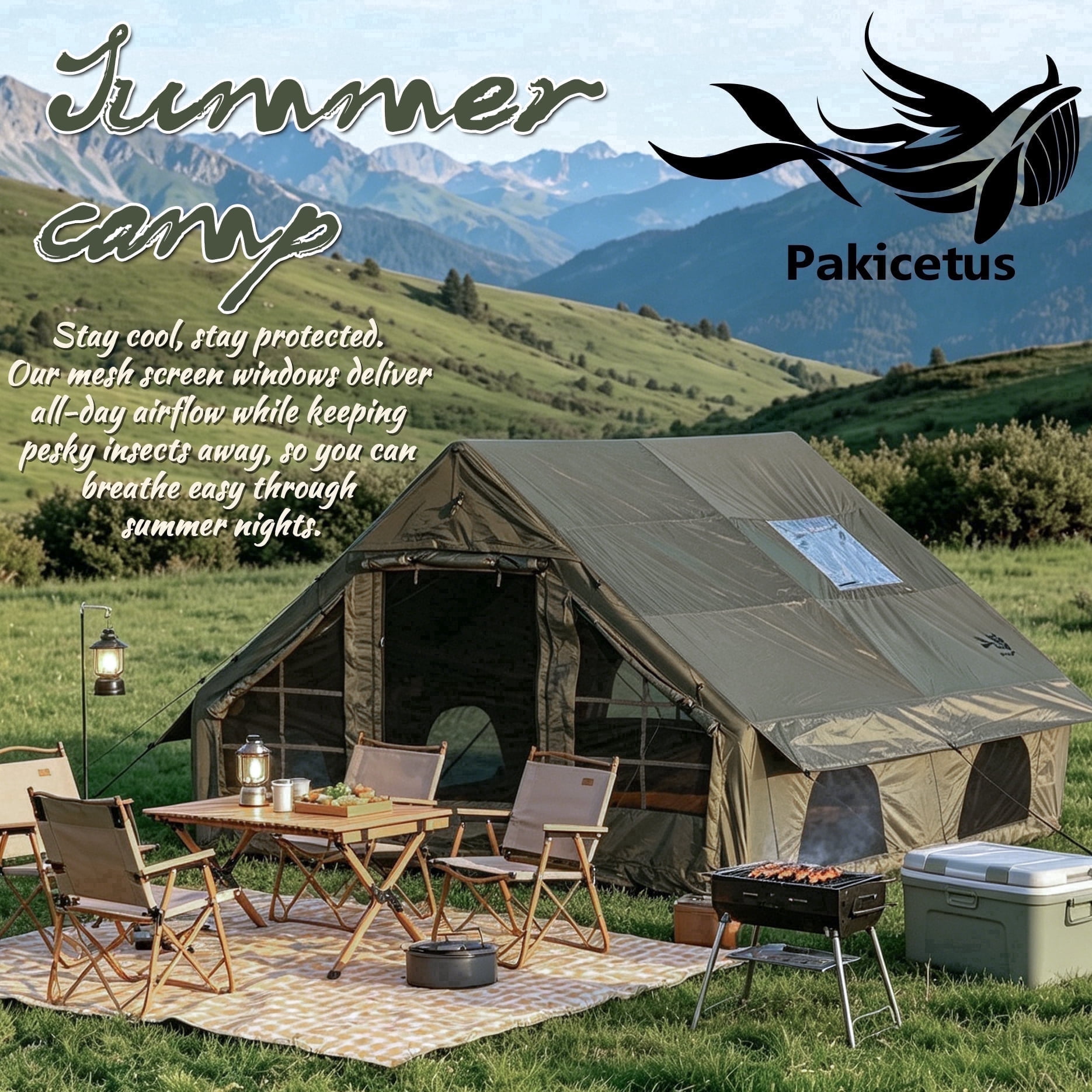 PAKICETUS 6-8 Person Blow Up Inflatable Tent w / Stove Jack