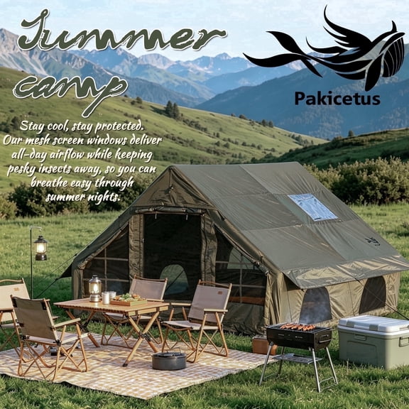 PAKICETUS 6-8 Person Blow Up Inflatable Tent w / Stove Jack, Waterproof Camping Shelter