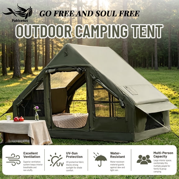 PAKICETUS Blow Up Inflatable Tent with Stove Jack, Large Waterproof Air Tent for Camping