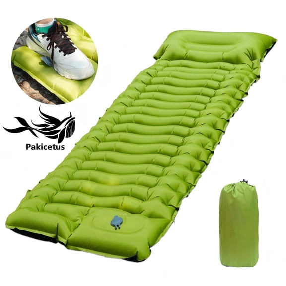PAKICETUS Inflatable Camping Sleeping Pad with Built-in Foot Pump, Extra Thick Ultralight Waterproof Air Mattress Mat with Carry Bag & Repair Kit for Backpacking Hiking Travel, Green