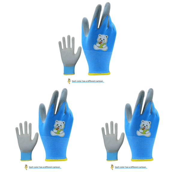 PAKNADA Kids Gardening Gloves 3 Pairs Mix Colors, Cartoon Print, Non-Slip Latex Palm, Soft Breathable Work Gloves for Toddlers & Children (S/M/L Sizes)