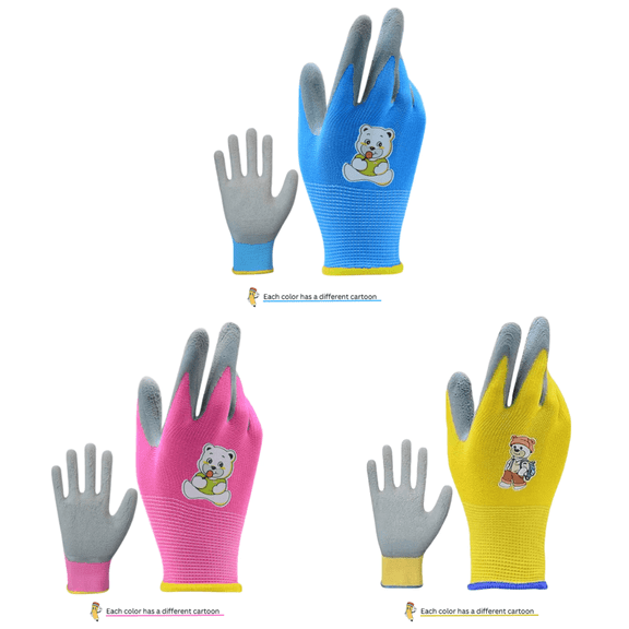 PAKNADA Kids Gardening Gloves 3 Pairs Mix Colors, Cartoon Print, Non-Slip Latex Palm, Soft Breathable Work Gloves for Toddlers & Children (S/M/L Sizes)