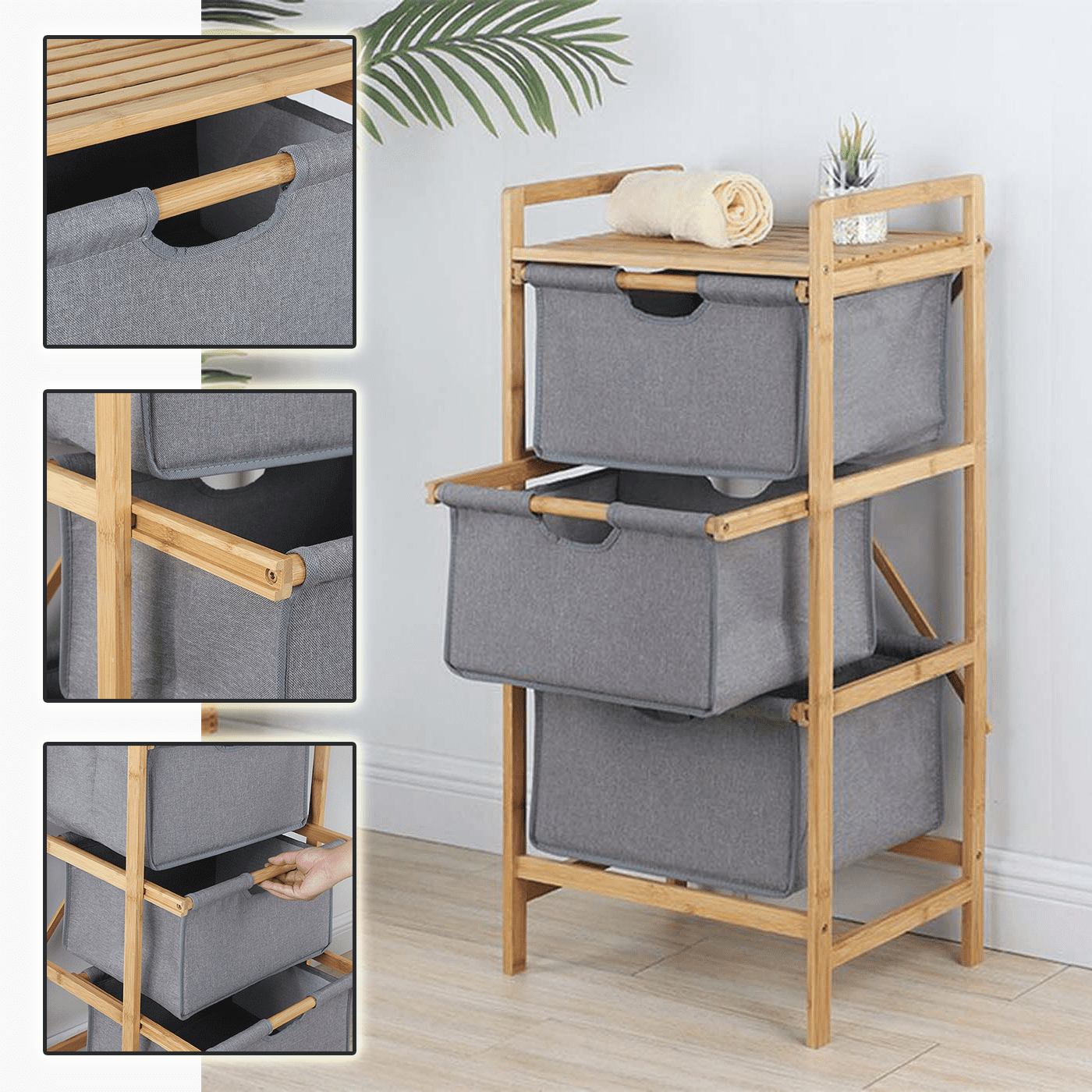 PAKROMAN 3Tier Basket Storage Drawers Unit Bathroom Dresser Tower Organizer Bamboo Frame