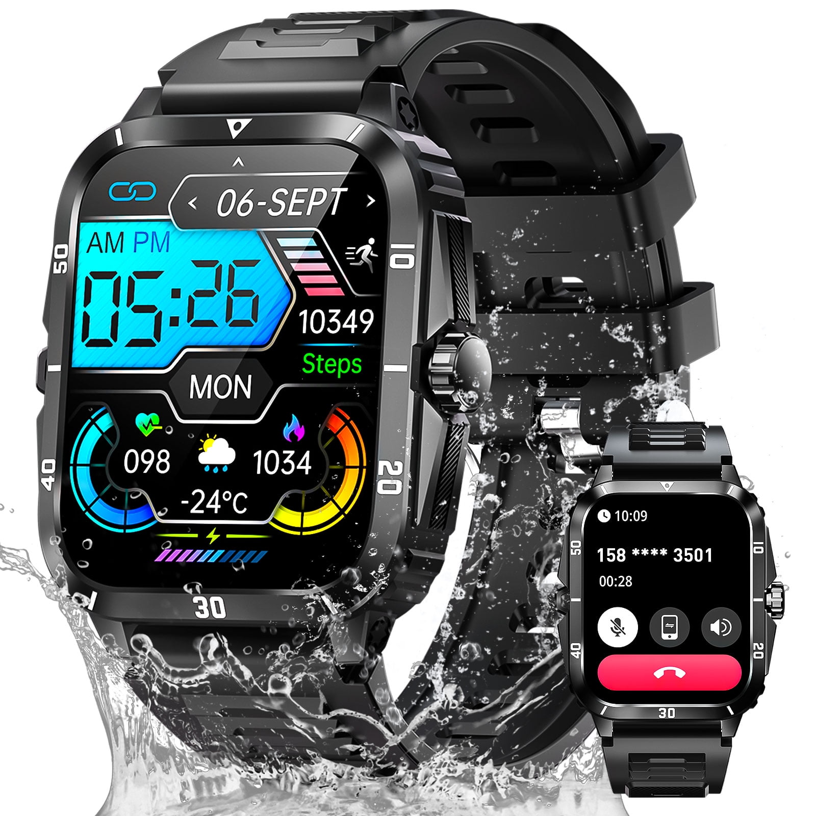 PAKRYS Military Smart Watches 3ATM Waterproof Heart Rate Monitor Cellular 1.96