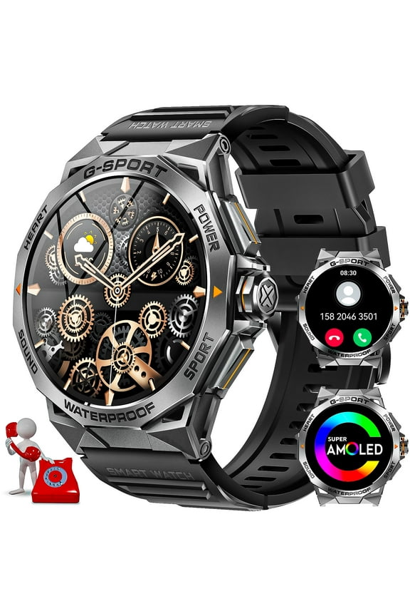 PAKRYSSmart Watches for Men, AMOLED Screen Fitness Tracker with Multiple Sport Modes and Sport Record, Waterproof Smartwatch for iOS Android.