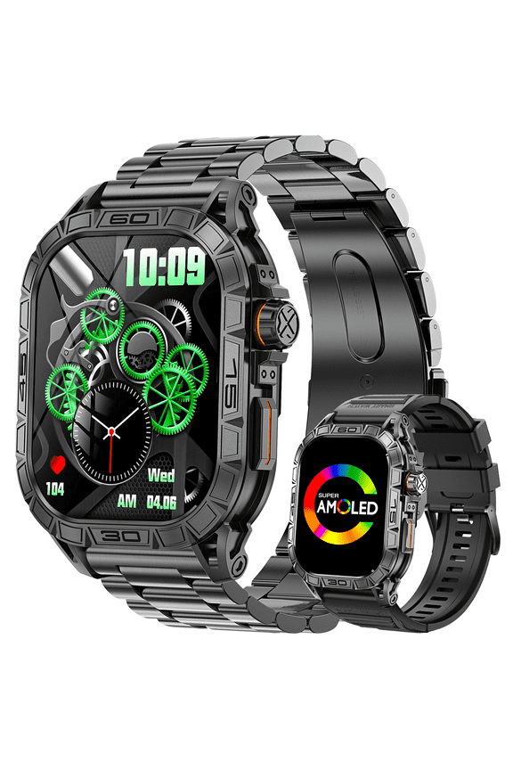 Smart Watches for Men with Compass, 1.96" AMOLED Big Screen Outdoor Sport Smartwatch, 3ATM Waterproof Rugged Smartwatches for Android iOS