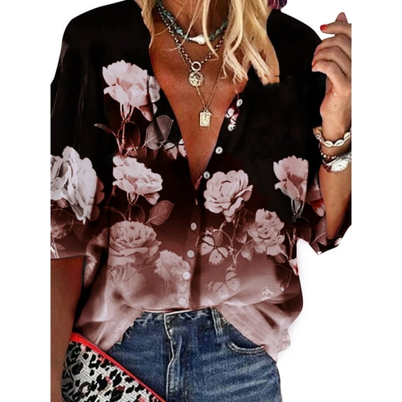 PALACLOTH Women 3/4 Sleeve Henley V-neck Button Shirt Tops