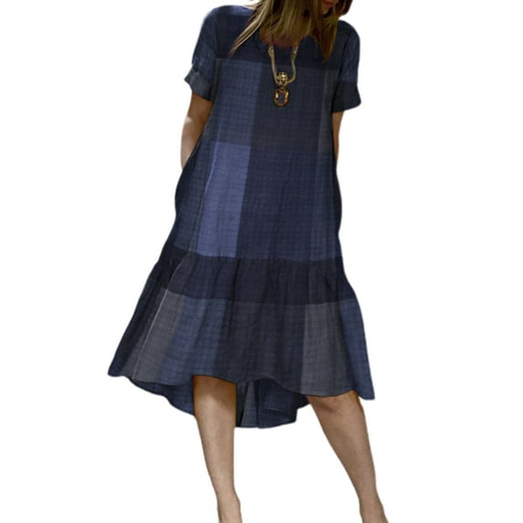 PALACLOTH Women Plaid Printed Round Neck Short Sleeve Ruffle Dress