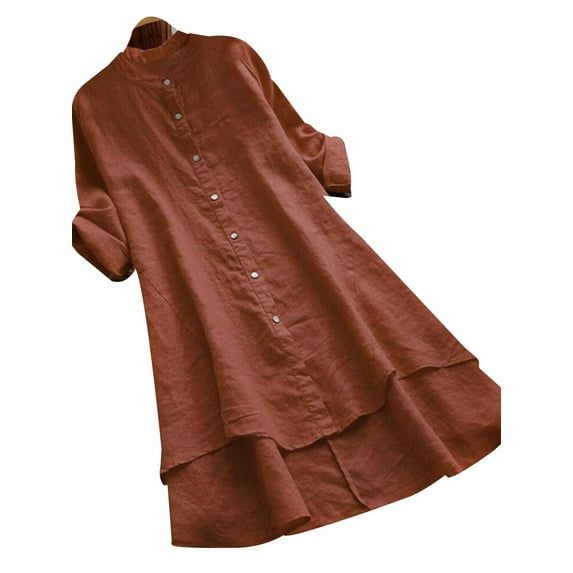 PALACLOTH Women Plus Size Button Scoop Neck Long Sleeve Shirt Shift Dress S-5XL