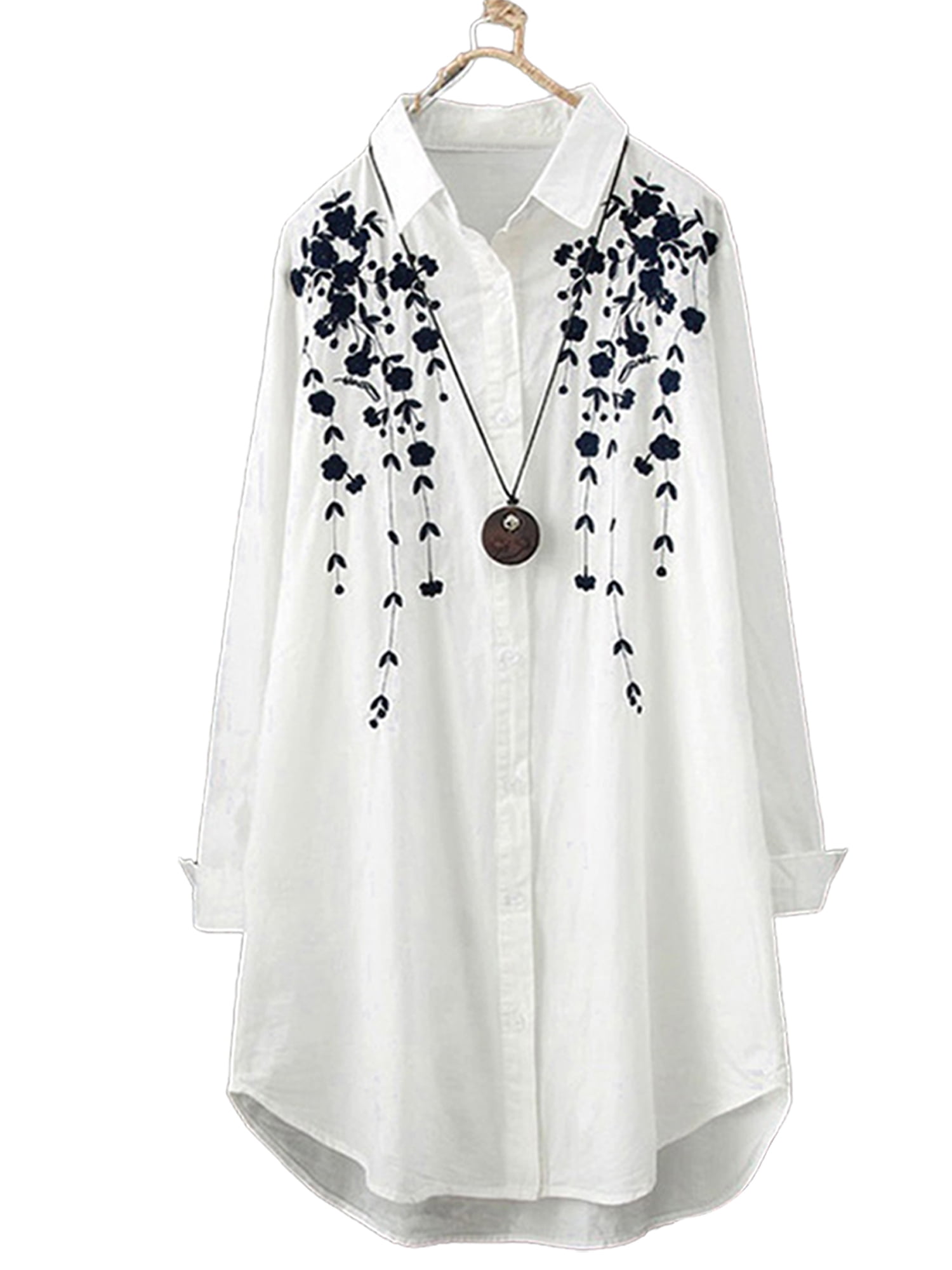 PALACLOTH Women Rattan Printing Turn-down Collar Shirt Long Style Autumn  Long Sleeve Plus Size Tops