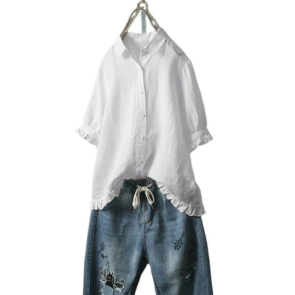 PALACLOTH Women Ruffle Turn-down Collar Shirt Button Plus Size Plain Color Half Sleeve Tee Blouses