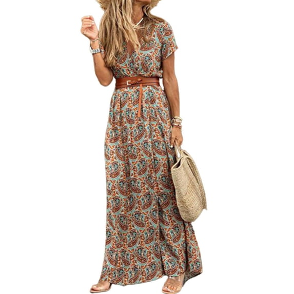 PALACLOTH Women Sexy Split Bohemia Floral V-neck Formal Dress With Waistband