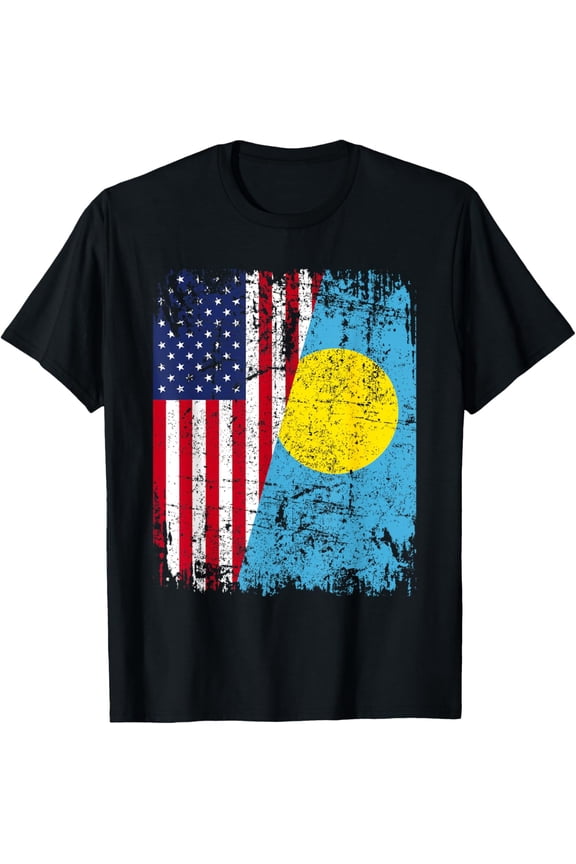 PALAUAN ROOTS | Half American Flag | USA PALAU FLAG T-Shirt men and women can wear, black, white, gifts