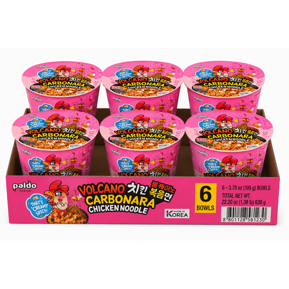 PALDO Volcano Carbonara Spicy Korean Instant Ramen Cup, 3.7 oz Cups, 6 Count