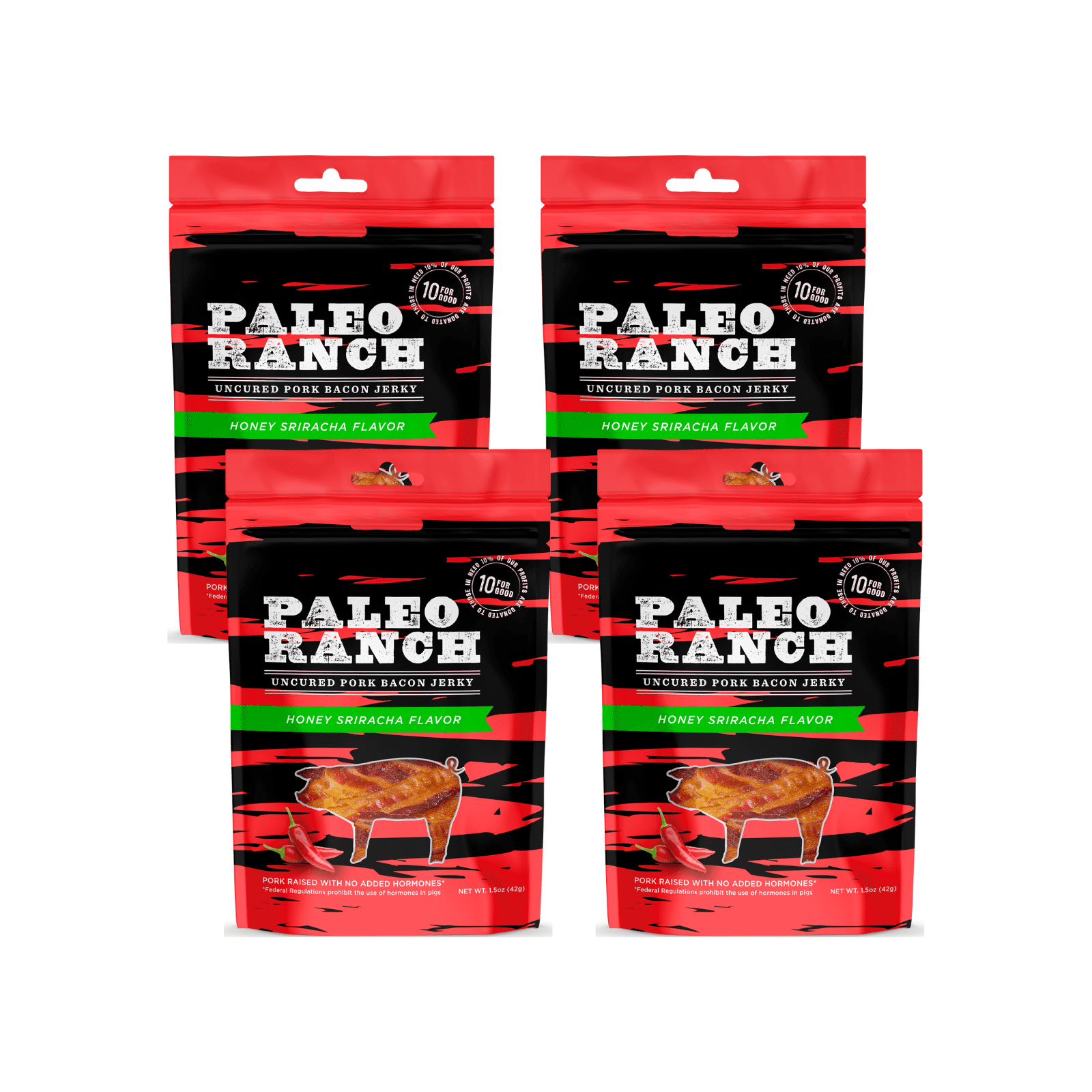 PALEO RANCH, Honey Sriracha Pork Bacon Jerky, No Added Hormones, No Preservatives 1.5 oz (Pack of 4)