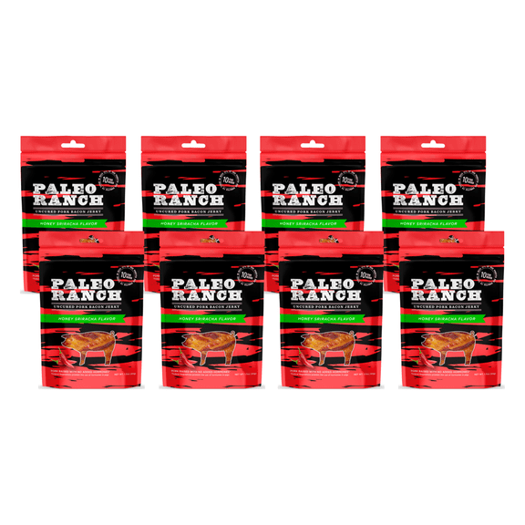 PALEO RANCH, Honey Sriracha Pork Bacon Jerky, No Added Hormones, No Preservatives 1.5 oz (Pack of 8)