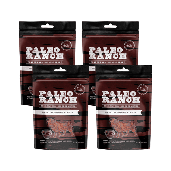 PALEO RANCH, Sweet BBQ Beef Jerky, No Added Hormones, No Preservatives, 2 oz (Pack of 4)
