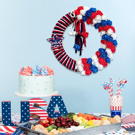PALIFEUR 4th of July Wreath, 13.78 Inch Patriotic Wreaths for Front Door, Artificial Floral Door Wreaths Decorations for Memorial Day Independence Day Veterans Day, Red Blue White