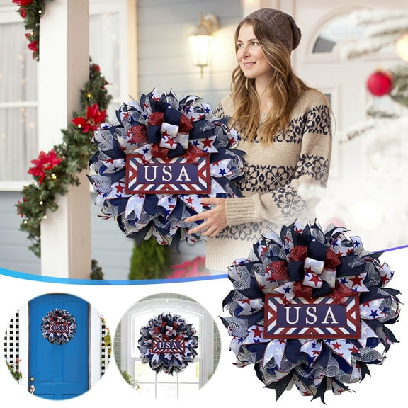 PALIFEUR 4th of July Wreath, 13.78 Inch Patriotic Wreaths for Front Door, Independence Day Artificial Floral Spring Wreaths Decorations, Red Blue White