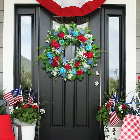 PALIFEUR 4th of July Wreath, 15.75 Inch Patriotic Wreaths for Front Door, Artificial Floral Spring Wreaths Decorations for Memorial Day Independence Day Veterans Day, Red Blue White