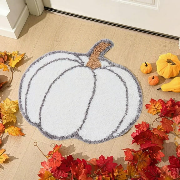 PALIFEUR Bathroom Rugs Bath Mat for Living Room, Pumpkin Shape Bedroom Small Door Mat, Fall Decor Rug, Halloween Thanksgiving Decorations, White (23.62 x 15.75 Inch)