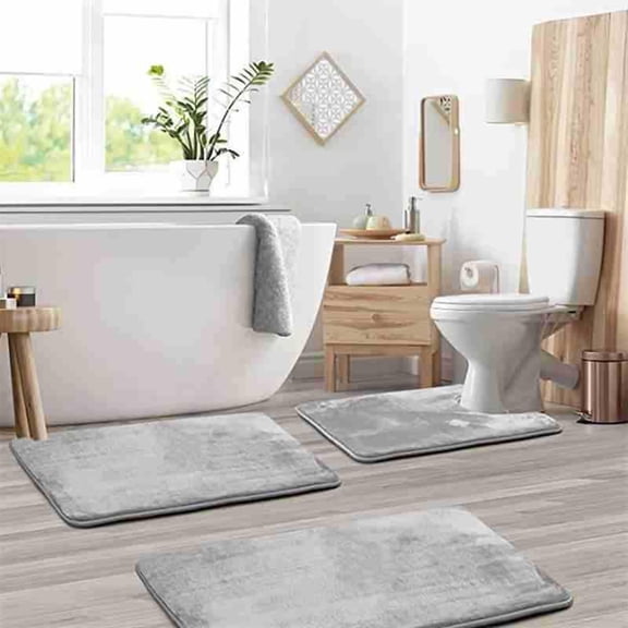 PALIFEUR Bathroom Rugs Sets 3 Piece Super Soft Absorbent Bath Mat Non-Slip Universal Bathroom Mat, Solid Color Washable Bath Mats for Bathroom Kitchen Bedroom, Gray