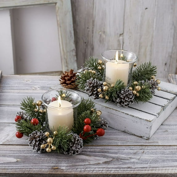 PALIFEUR Christmas Candle Rings Wreath Pine Cone Garland Red Berry Pinecones Wreaths Artificial Berries Snowy Pine Garland Candle Ring Holder for Christmas Wedding Home Table Centerpiece