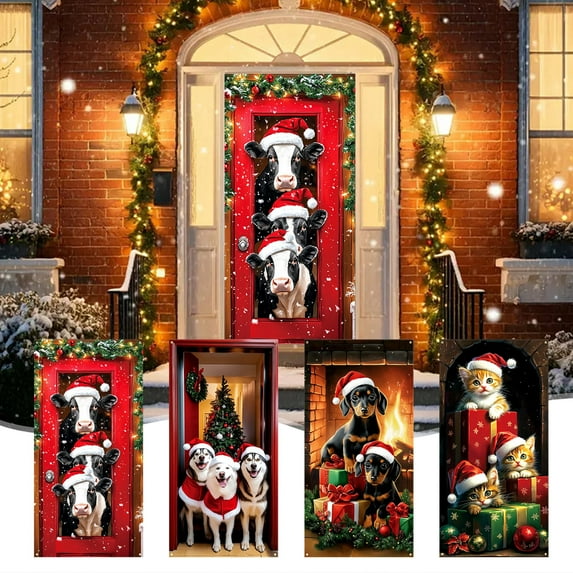 Axiiglly Christmas Decorations Door Cover, Animal Print Backdrops Xmas Decor Reusable Door Banner, Door Covers Decorative for Home Wall Party Holiday Kitchen, 35.4"×70.9"