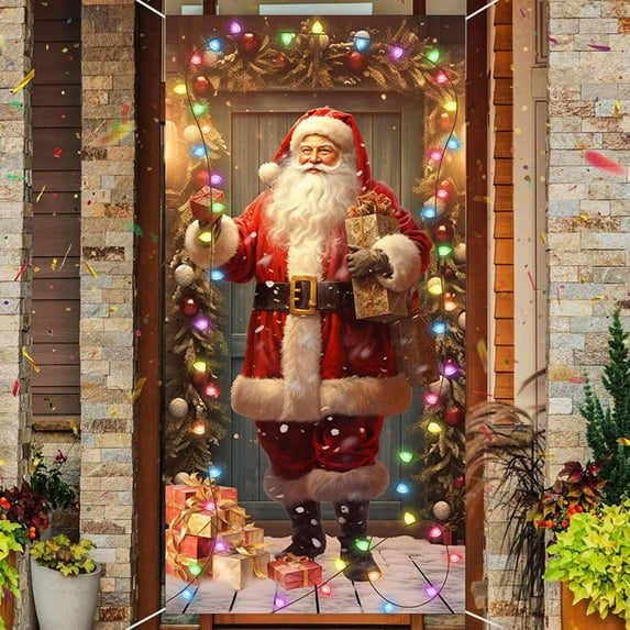 PALIFEUR Christmas Door Cover Decoration Santa Claus Front Door Cover Xmas Hanging Banner Santa Background for Home Holiday Christmas Decoration, 71 x 35 Inch
