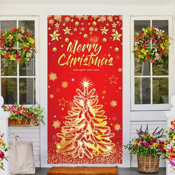 PALIFEUR Christmas Door Cover Golden Xmas Tree Merry Christmas Glitter Snowflake Door Cover Banners Photography Background for Winter Xmas News Year Holiday Party Decor, 71 x 35 Inch