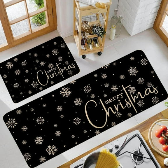 PALIFEUR Christmas Kitchen Rugs Set of 2, Black Christmas Rugs, Non-Slip Washable Kitchen Mats, Kitchen Rug for Christmas Kitchen Decor Festival Holiday Party Decorations