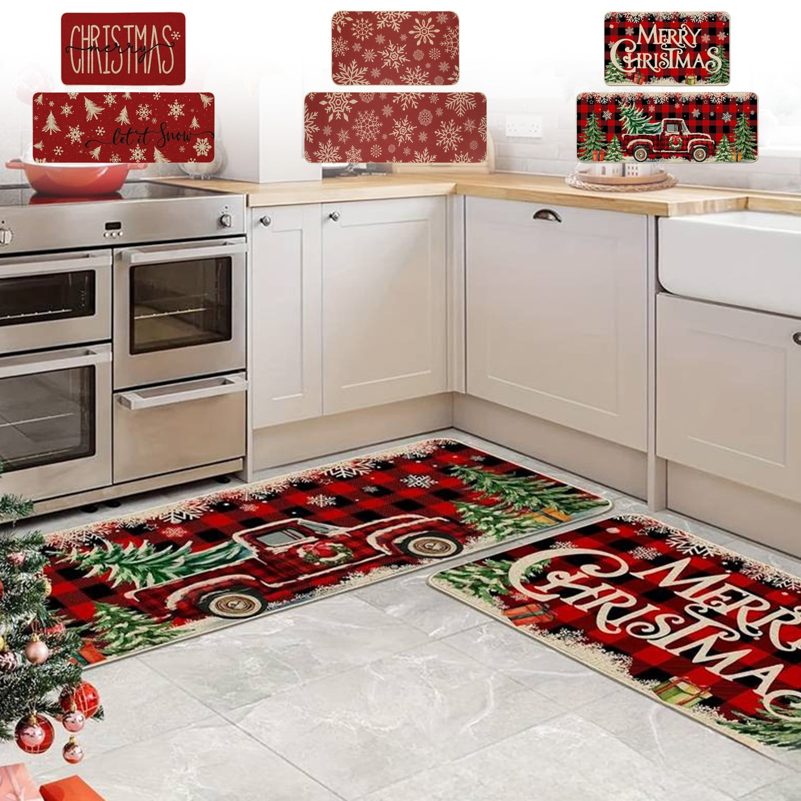 PALIFEUR Christmas Kitchen Rugs Set of 2, Red Christmas Snowflake Rugs ...