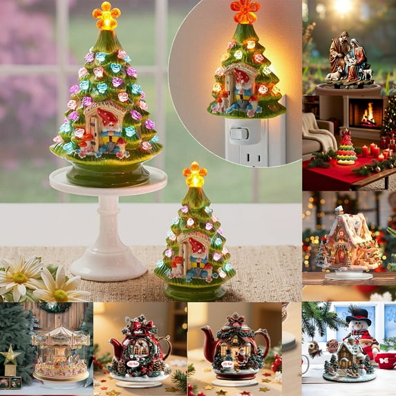PALIFEUR Christmas Tree with Light, 6" Resin Christmas Tree for Christmas Table Decorations, Color Xmas Tree with LED Light for Christmas Home Holiday Party Gift Decorations