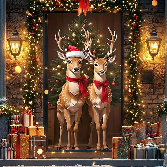 PALIFEUR Christmas Wreaths for Front Door, 35"x73" Christmas Wreath with Xmas Deer, Red Poinsettias Christmas Wreath, Christmas Door Wreath for Indoor Outdoor Decoration