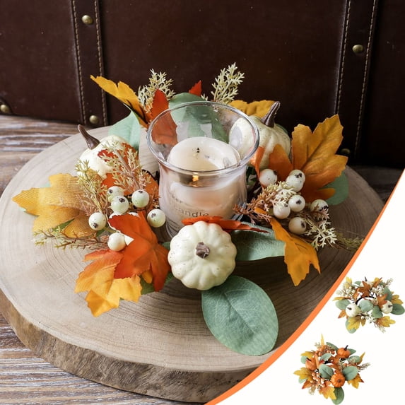 PALIFEUR Fall Candle Rings, Artificial Maple Leaves Pumpkins Decorative Wreaths for Fall Home Decor, Thanksgiving Halloween Centerpieces Candle Rings Wreaths Farmhouse Table Settings