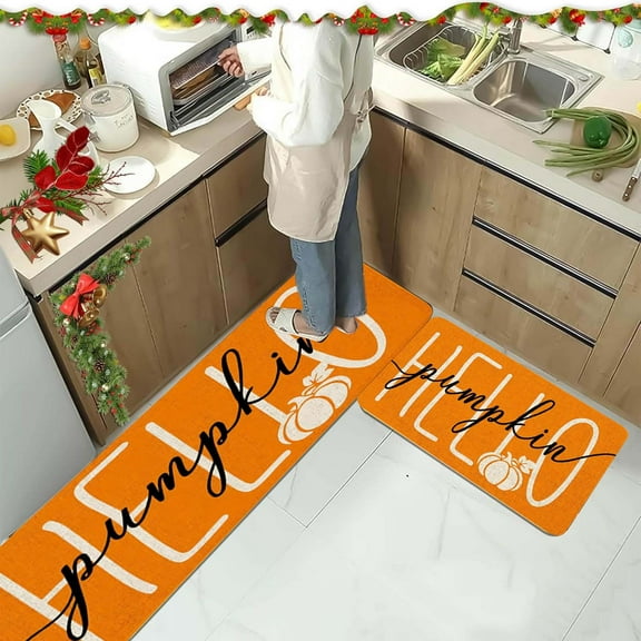 PALIFEUR Fall Kitchen Rugs Set of 2, Non Slip Washable Fall Decor Pumpkin Maple Leaf Kitchen Mats for Floor, Soft Thick Halloween Rug Thanksgiving Mat for Home Holiday Party Halloween Decoration