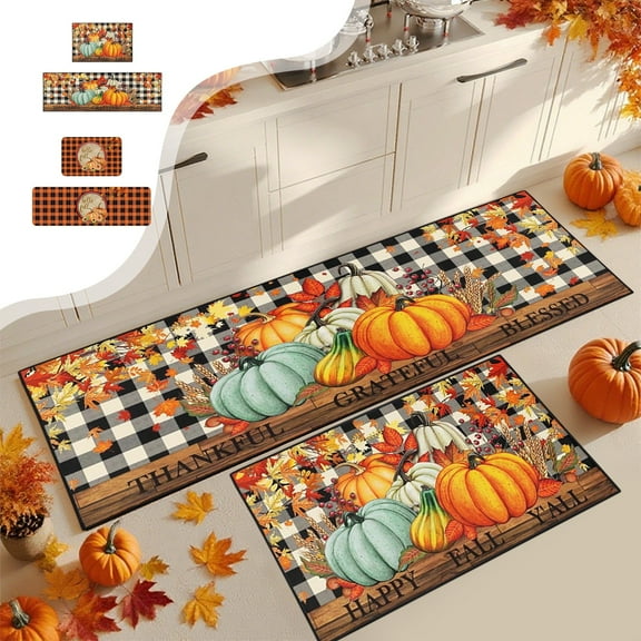 PALIFEUR Fall Kitchen Rugs Set of 2, Non Slip Washable Fall Decor Pumpkin Maple Leaf Kitchen Mats for Floor, Soft Thick Halloween Rug Thanksgiving Mat for Home Holiday Party Halloween Decoration