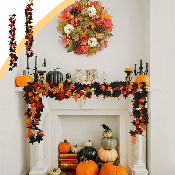 PALIFEUR Fall Maple Leaves Garland, Hanging Vines Garland with Pumpkins, Artificial Fall Maple Leaf Garland Halloween/Thanksgiving Decorations for Home Wedding Party (Long 68.11")